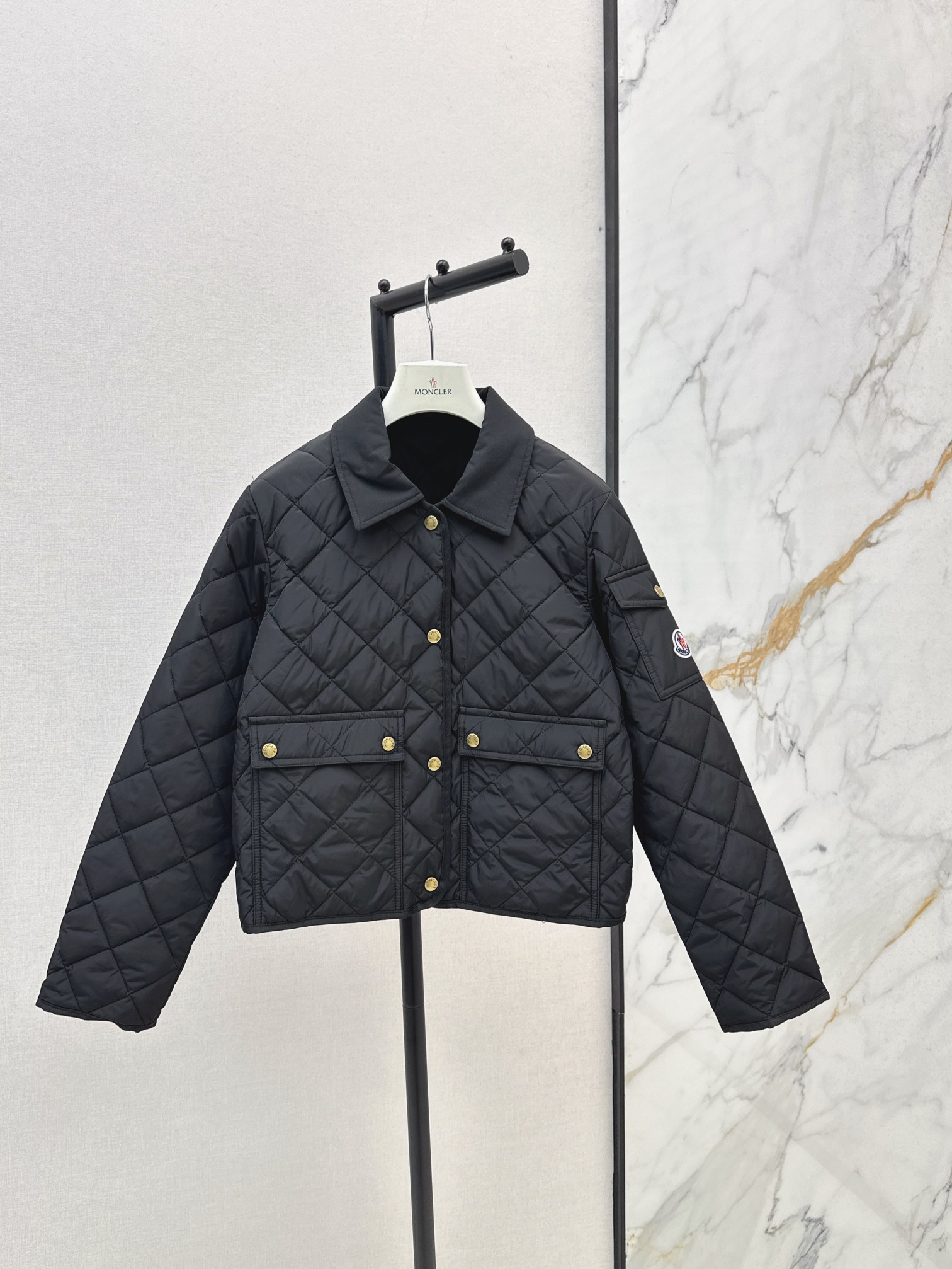 Moncler Quilted Jacket, Short Cotton Coat with Lapel and Double Pockets.