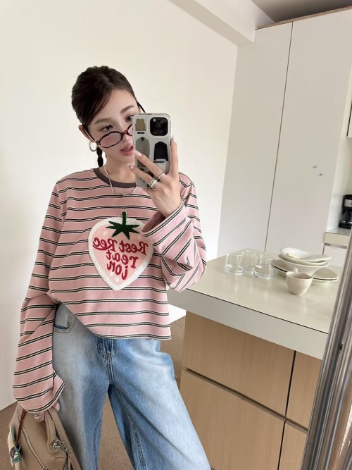 Strawberry Embroidered Striped Long Sleeve T-Shirt - Trendy Women's Top 1 Strawberry Embroidered Striped Long Sleeve T-Shirt - Trendy Women's Top