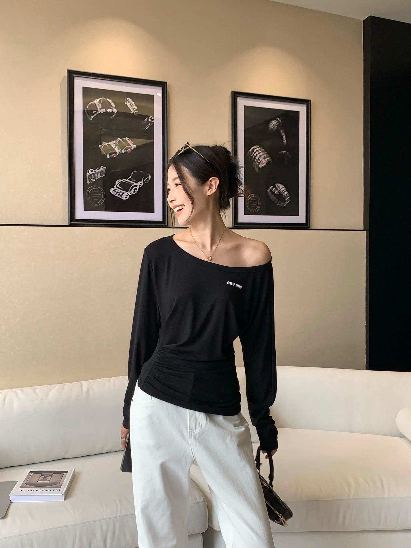 Miu Miu Women's Black Cotton Blend Off-Shoulder Long Sleeve T-Shirt 6 a1756122516371 8707