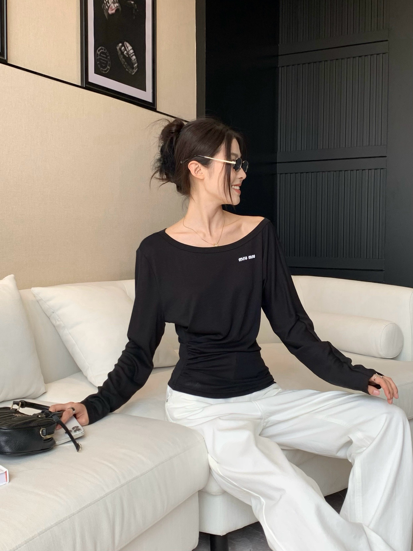 Miu Miu Women's Black Cotton Blend Off-Shoulder Long Sleeve T-Shirt 2 a1756122542898 6614