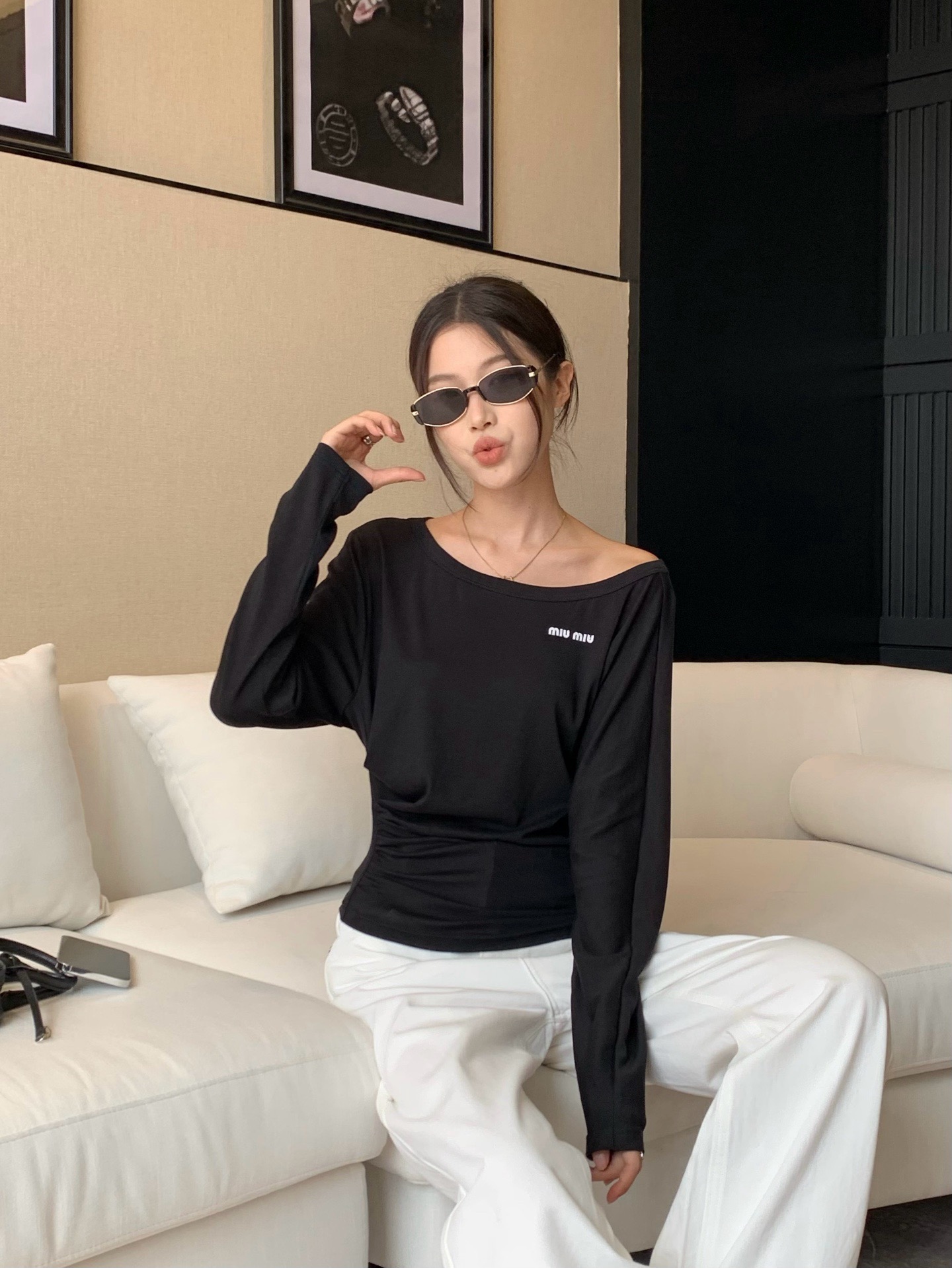 Miu Miu Women's Black Cotton Blend Off-Shoulder Long Sleeve T-Shirt 1 a1756122542900 7780