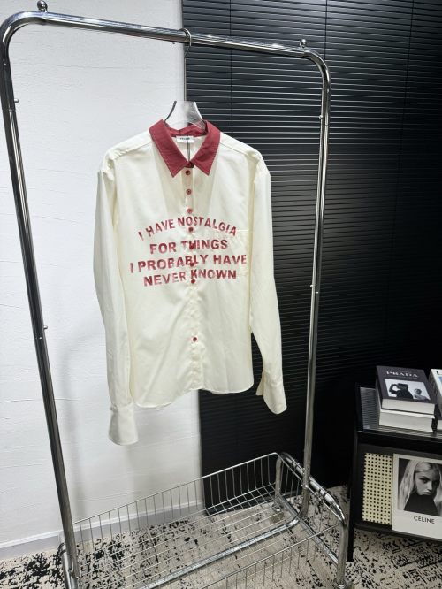 Women's Long Sleeve Button-Down Shirt with Contrast Collar and Text 1 Women's Long Sleeve Button-Down Shirt with Contrast Collar and Text
