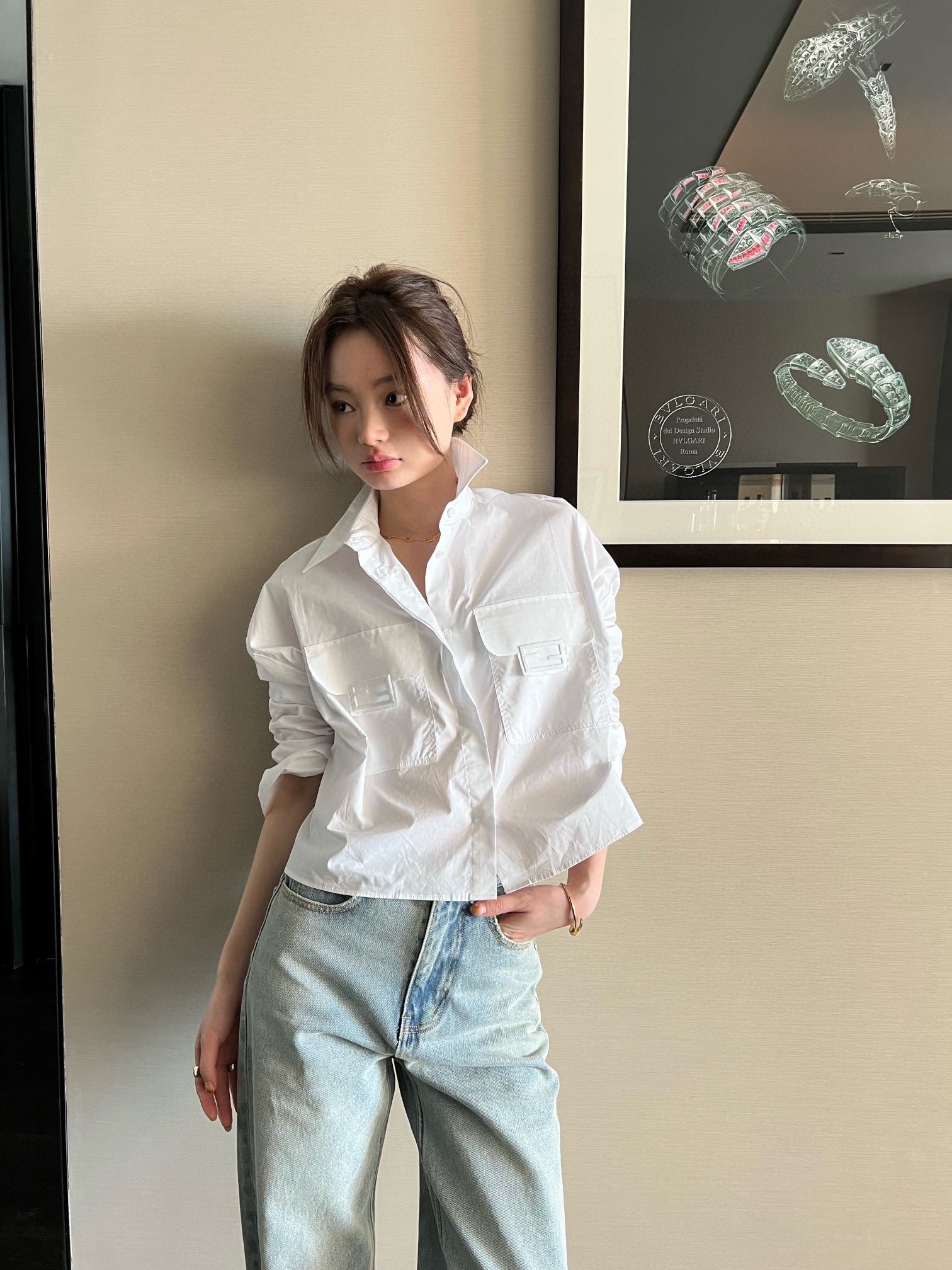 FF Baguette Embossed Cropped Shirt, Long Sleeve Button-Down, Elegant and Slim Fit