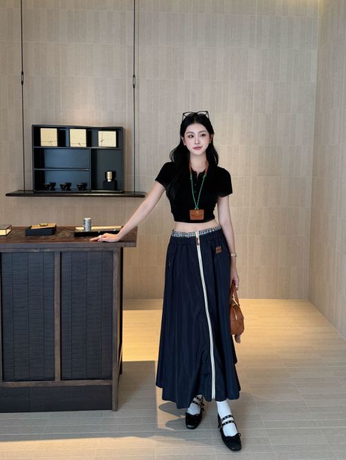 Women's High Waist A-Line Midi Skirt with Front Zipper and Embroidered Logo 1 Women's High Waist A-Line Midi Skirt with Front Zipper and Embroidered Logo