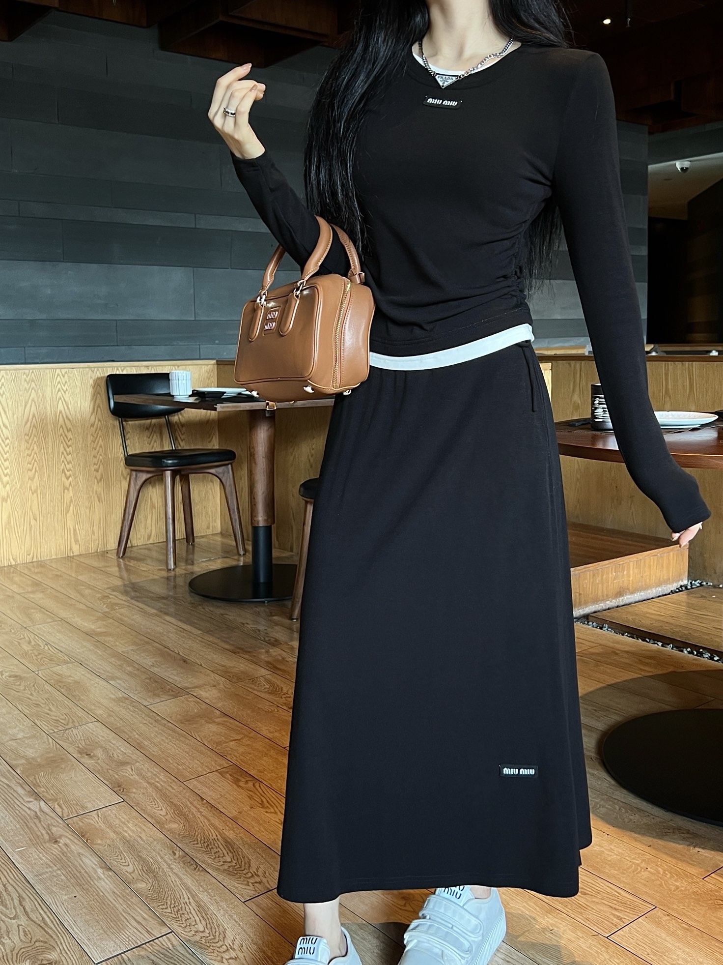 Miu Miu Two-Piece Set with Logo Detail, Drawstring Waist and Midi Skirt