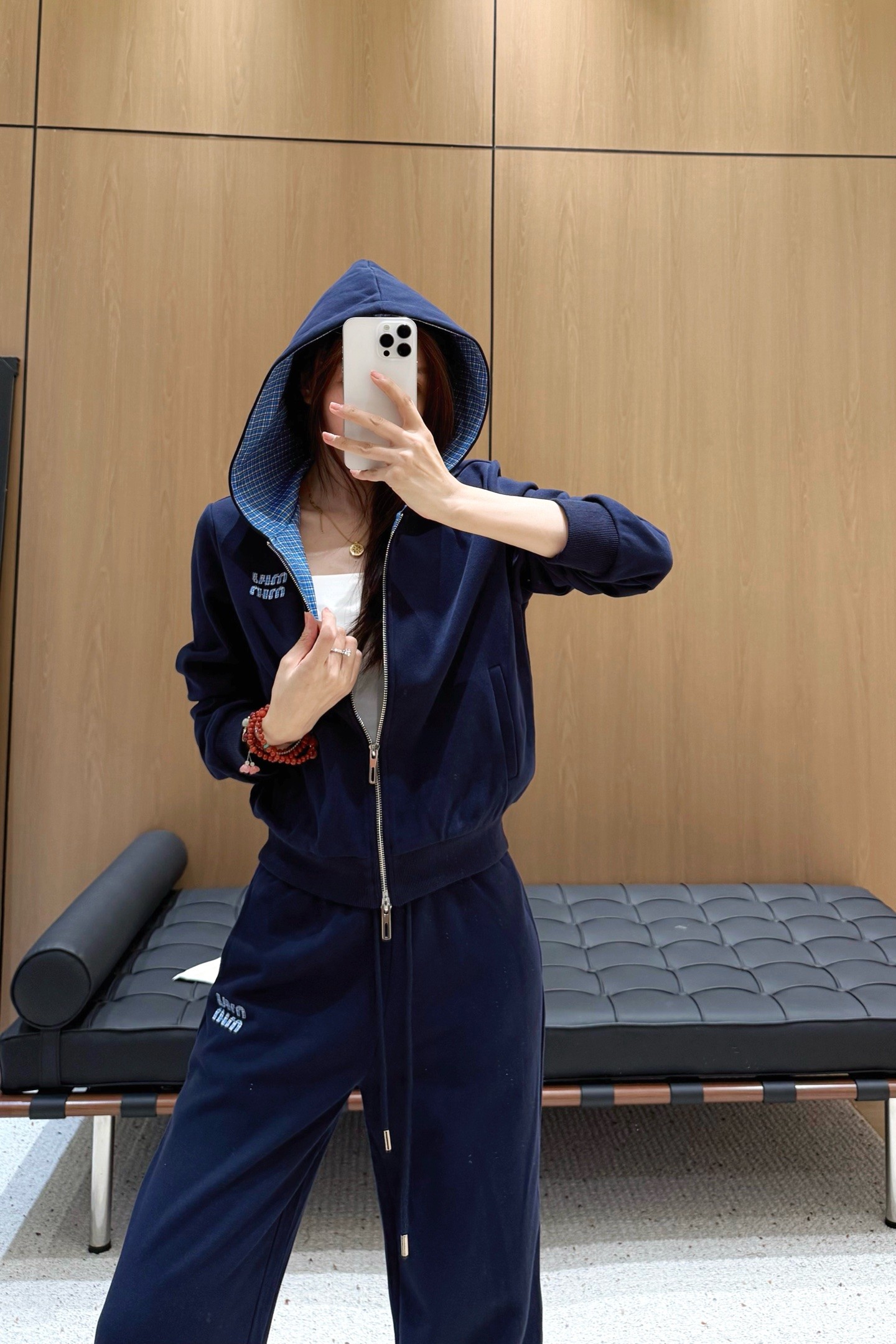Miu Miu Navy Blue Hooded Zip-Up Sweatshirt and Wide Leg Pants Set 4 a1758369174184 2086
