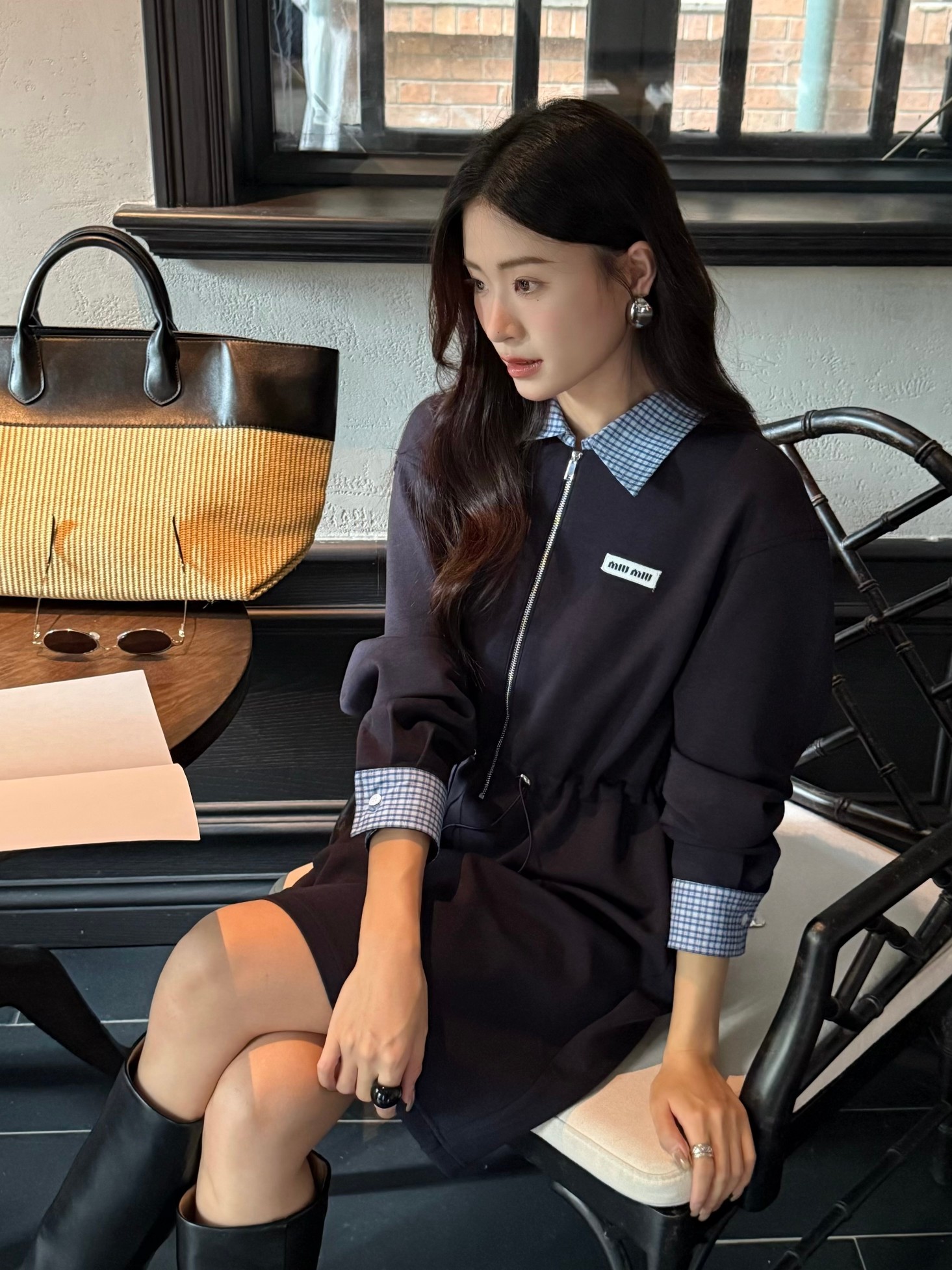 Miu Miu Navy Blue Mini Dress with Checkered Collar and Waist Tie 7 a1758713801799 1443