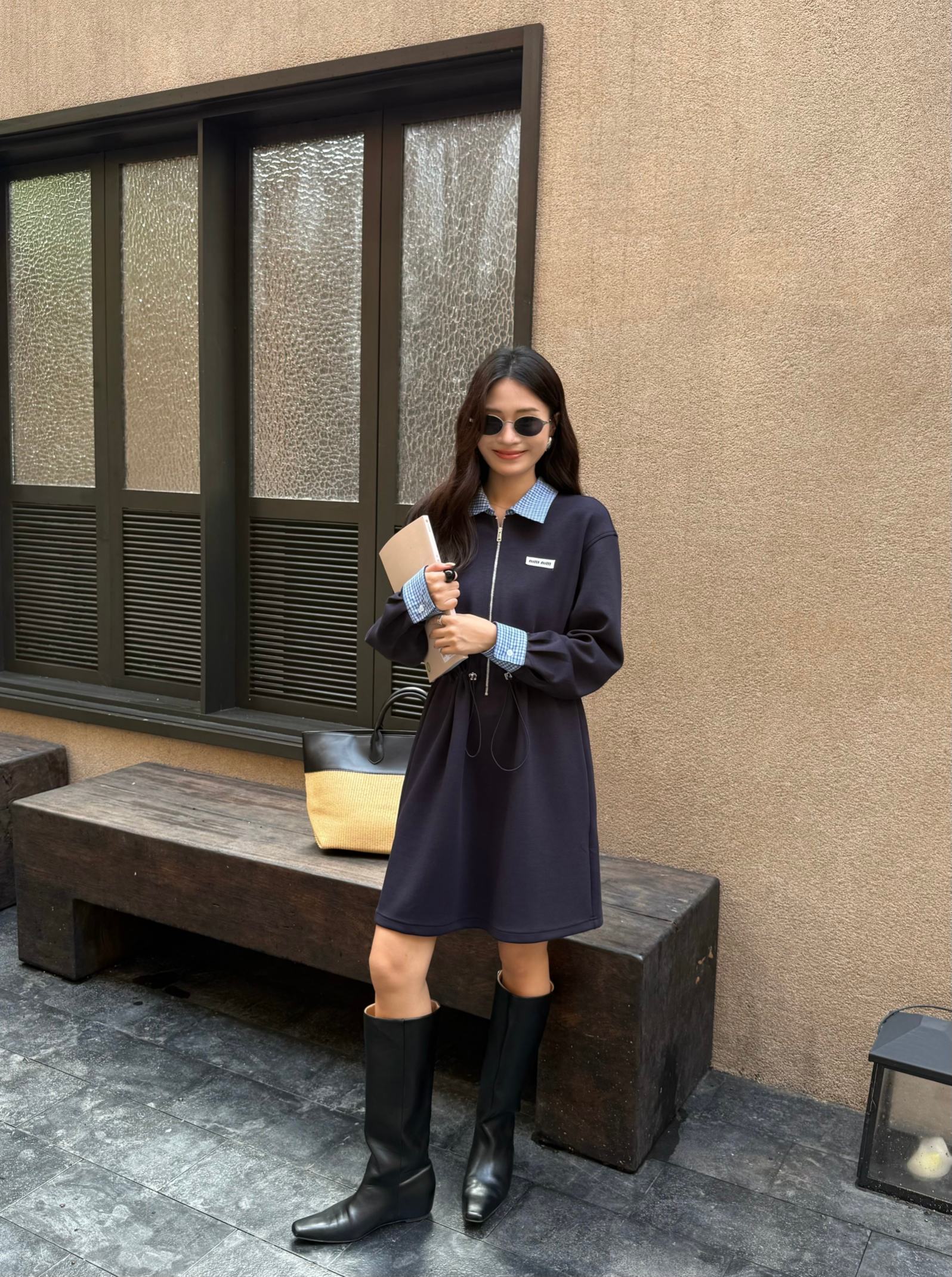 Miu Miu Navy Blue Mini Dress with Checkered Collar and Waist Tie 2 a1758713822788 7848