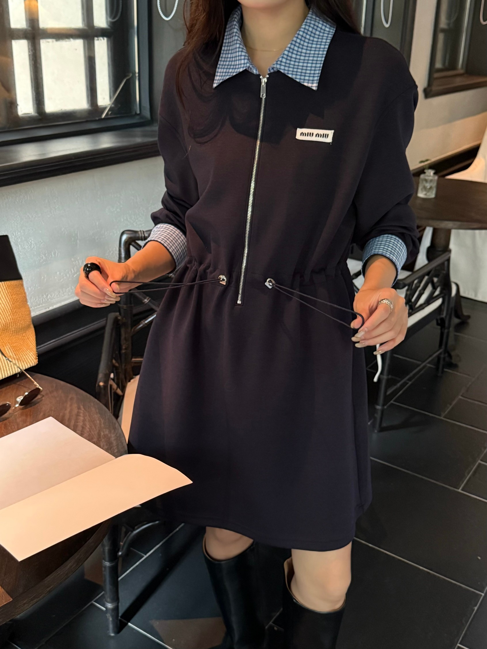 Miu Miu Navy Blue Mini Dress with Checkered Collar and Waist Tie 1 a1758713823471 2618