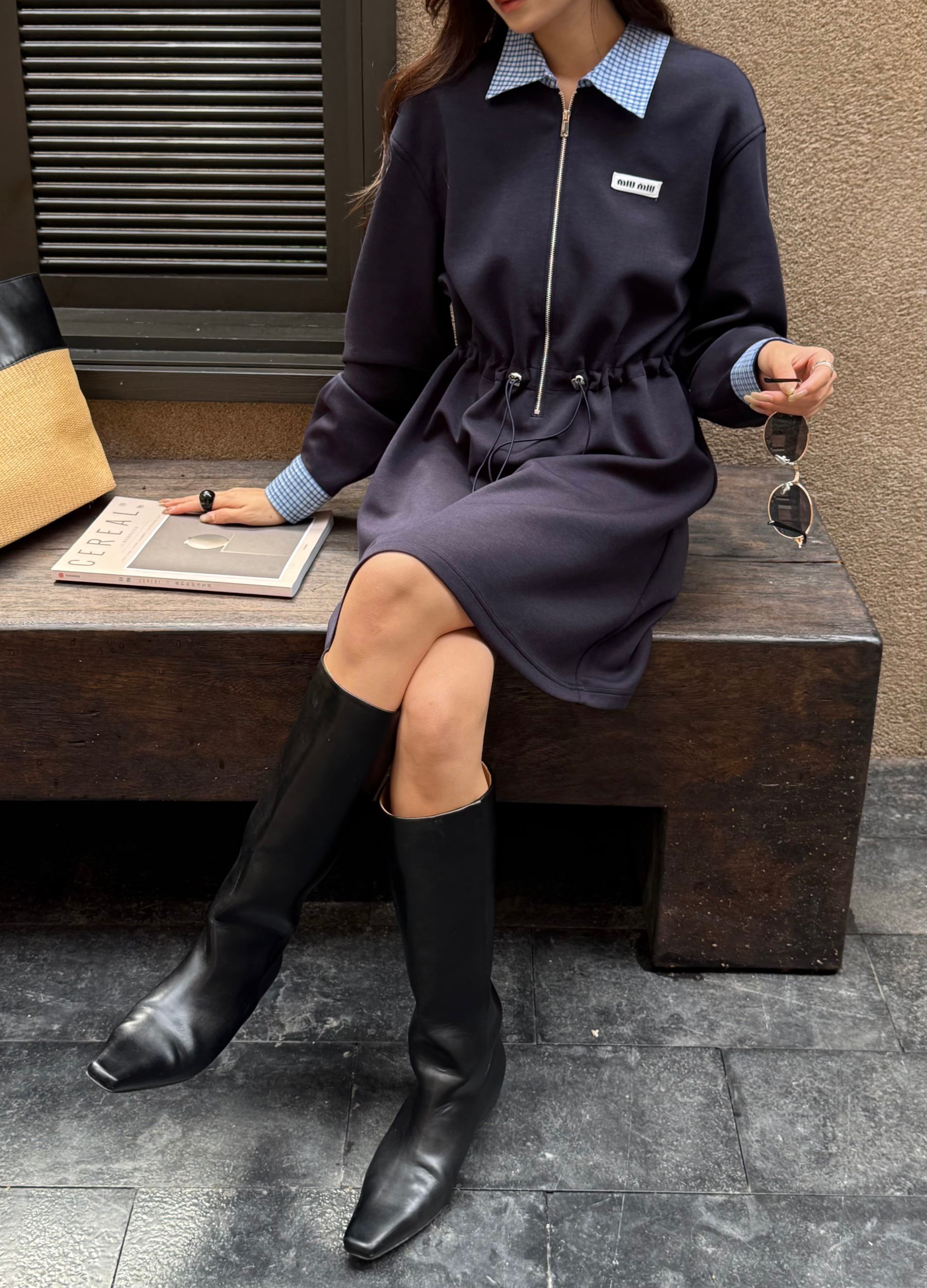 Miu Miu Navy Blue Mini Dress with Checkered Collar and Waist Tie 8 a1758713826460 0088