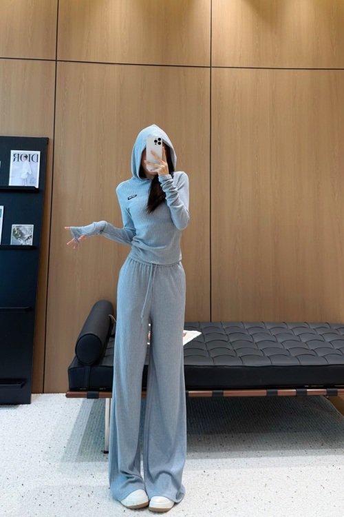 Women's 2 Piece Ribbed Knit Outfit, Long Sleeve Hoodie and Wide Leg Pants Set 1 Women's 2 Piece Ribbed Knit Outfit, Long Sleeve Hoodie and Wide Leg Pants Set