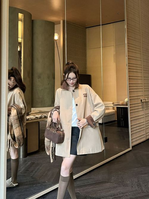 Miu Miu Corduroy-Trimmed Cotton-Blend Trench Coat with Logo Detail 1 Miu Miu Corduroy-Trimmed Cotton-Blend Trench Coat with Logo Detail