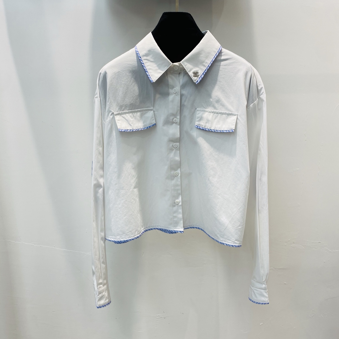 NO:314707,New style small fragrance French sweet stripes contrasting color splicing short style slim and versatile Polo long-sleeved white shirt SML, shirts, alexander wang19860909新款 小香风法式甜美条纹撞色拼接短款显瘦百搭Polo长袖白衬衫SML,,shirts,alexander wang,Women's clothing