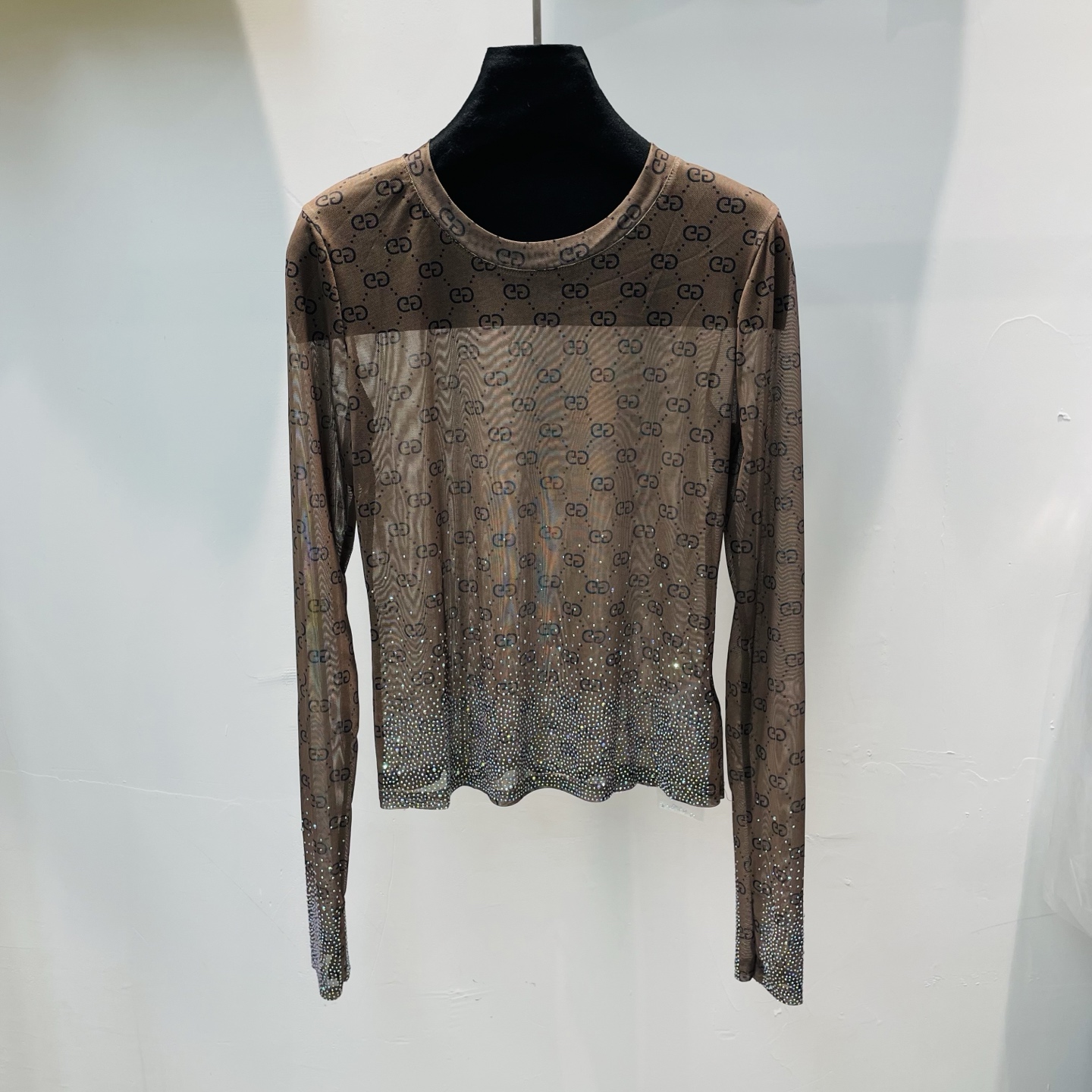 NO:307470,New G home double G full letter logo rhinestone decoration long sleeve round neck micro perspective base shirt SML, gucci, alexander wang19860909新款G家 双G满字母logo水钻装饰长袖圆领微透视打底衫SML,,gucci,alexander wang,Women's clothing