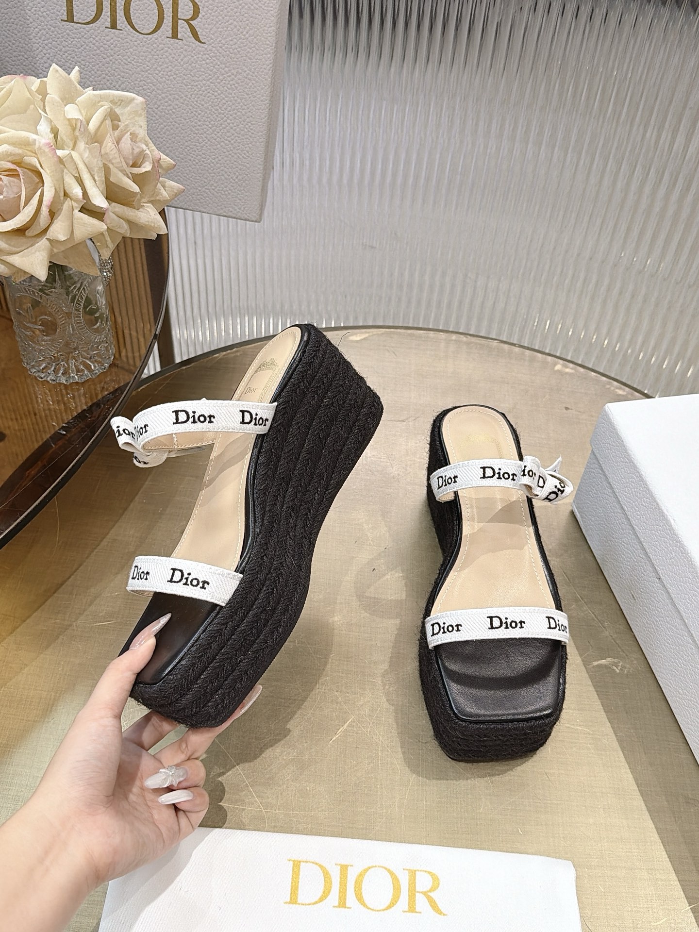 Dior Ribbon Bow Wedge Espadrille Sandals