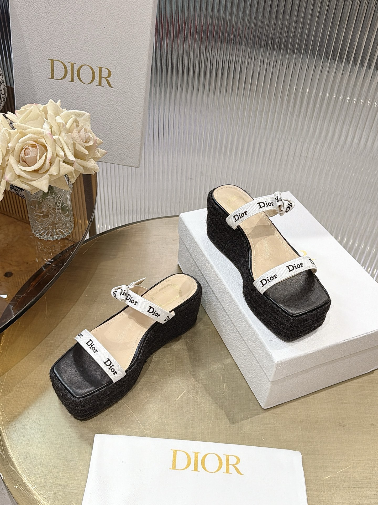 Dior Ribbon Bow Wedge Espadrille Sandals