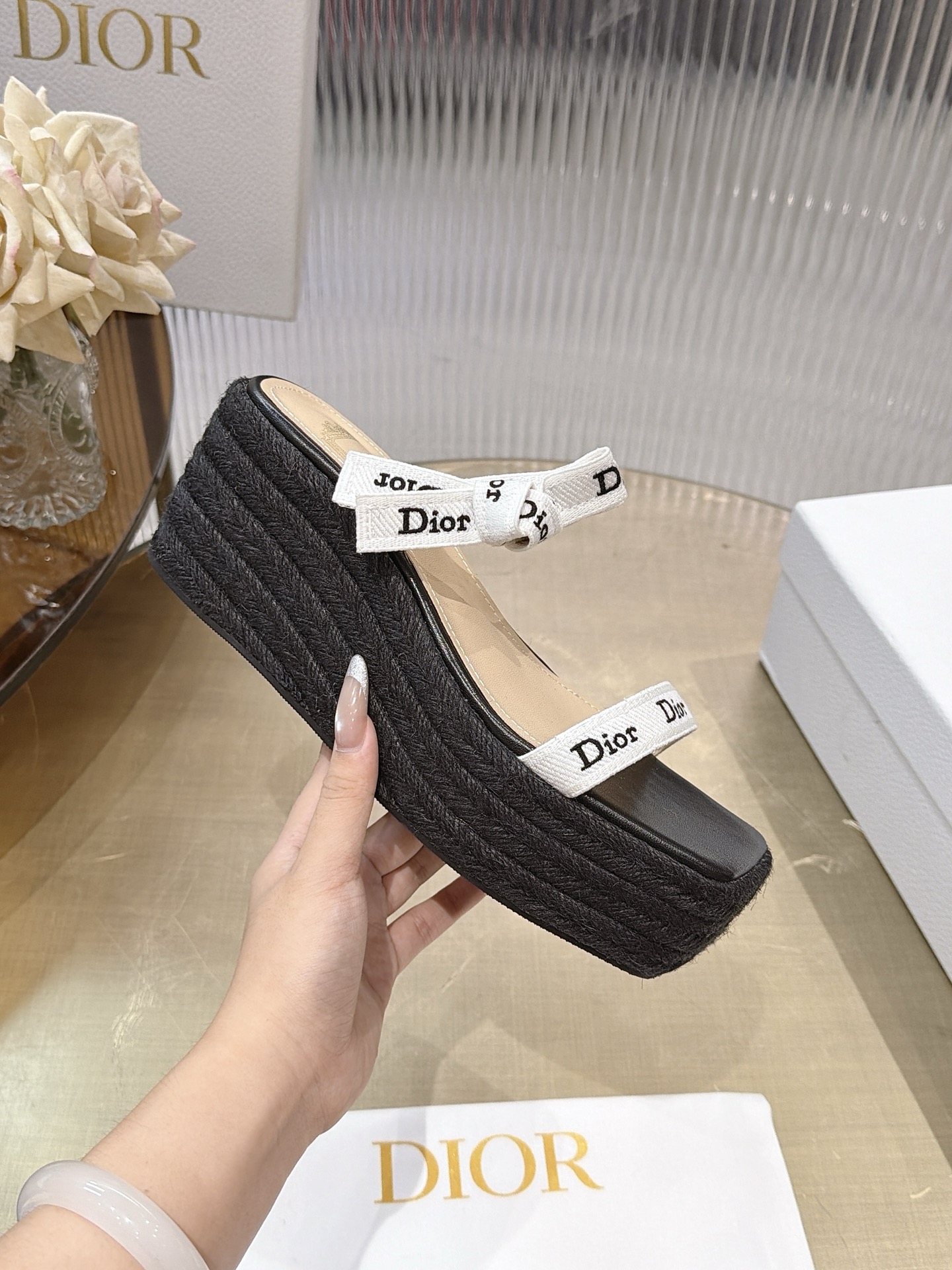Dior Ribbon Bow Wedge Espadrille Sandals