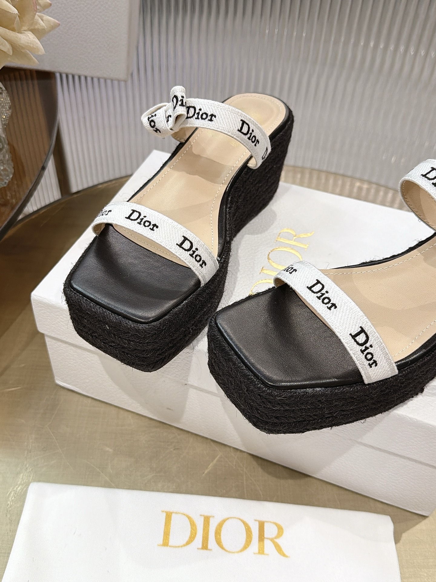 Dior Ribbon Bow Wedge Espadrille Sandals