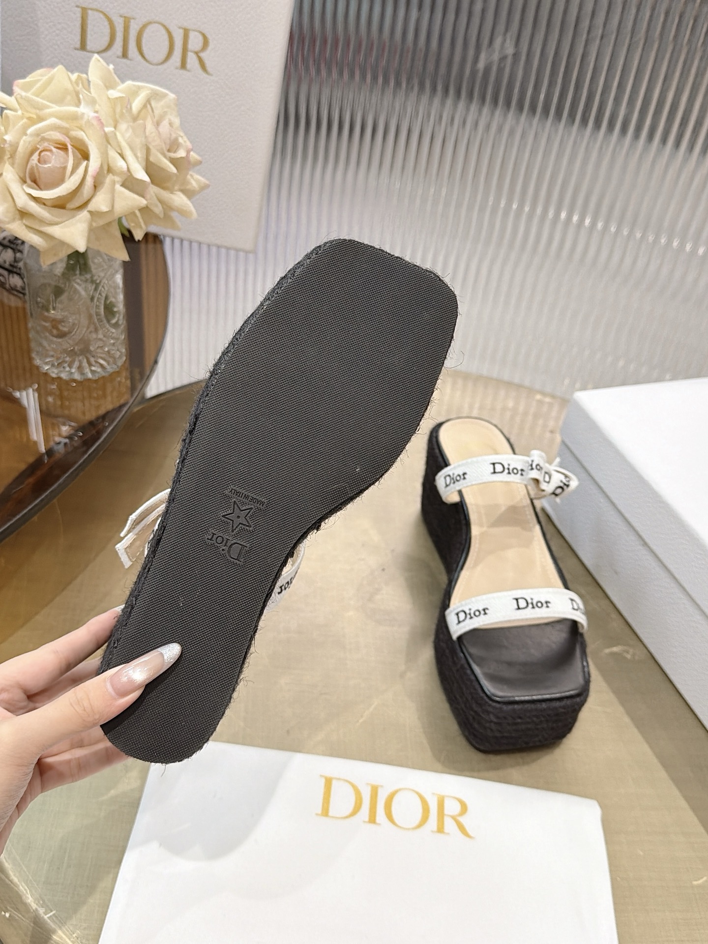 Dior Ribbon Bow Wedge Espadrille Sandals