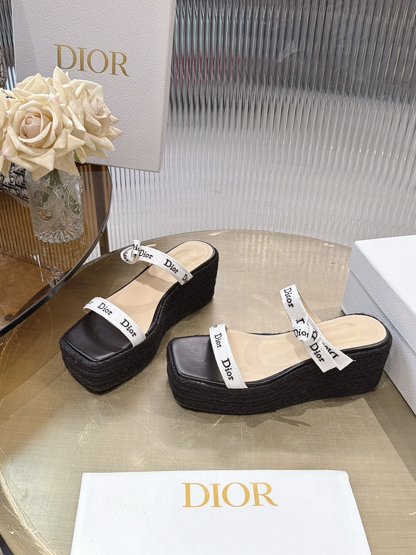 Dior Ribbon Bow Wedge Espadrille Sandals