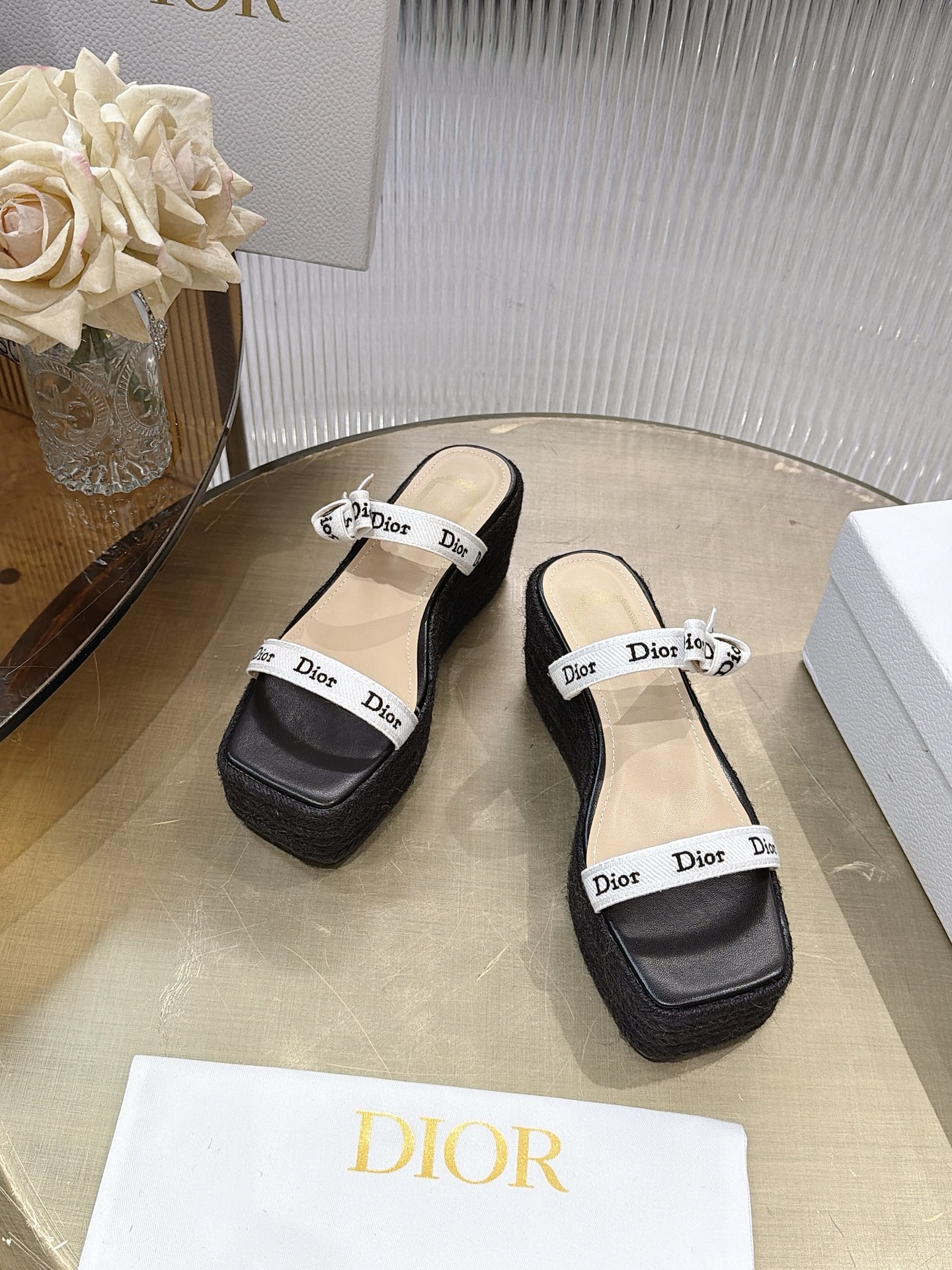 Dior Ribbon Bow Wedge Espadrille Sandals