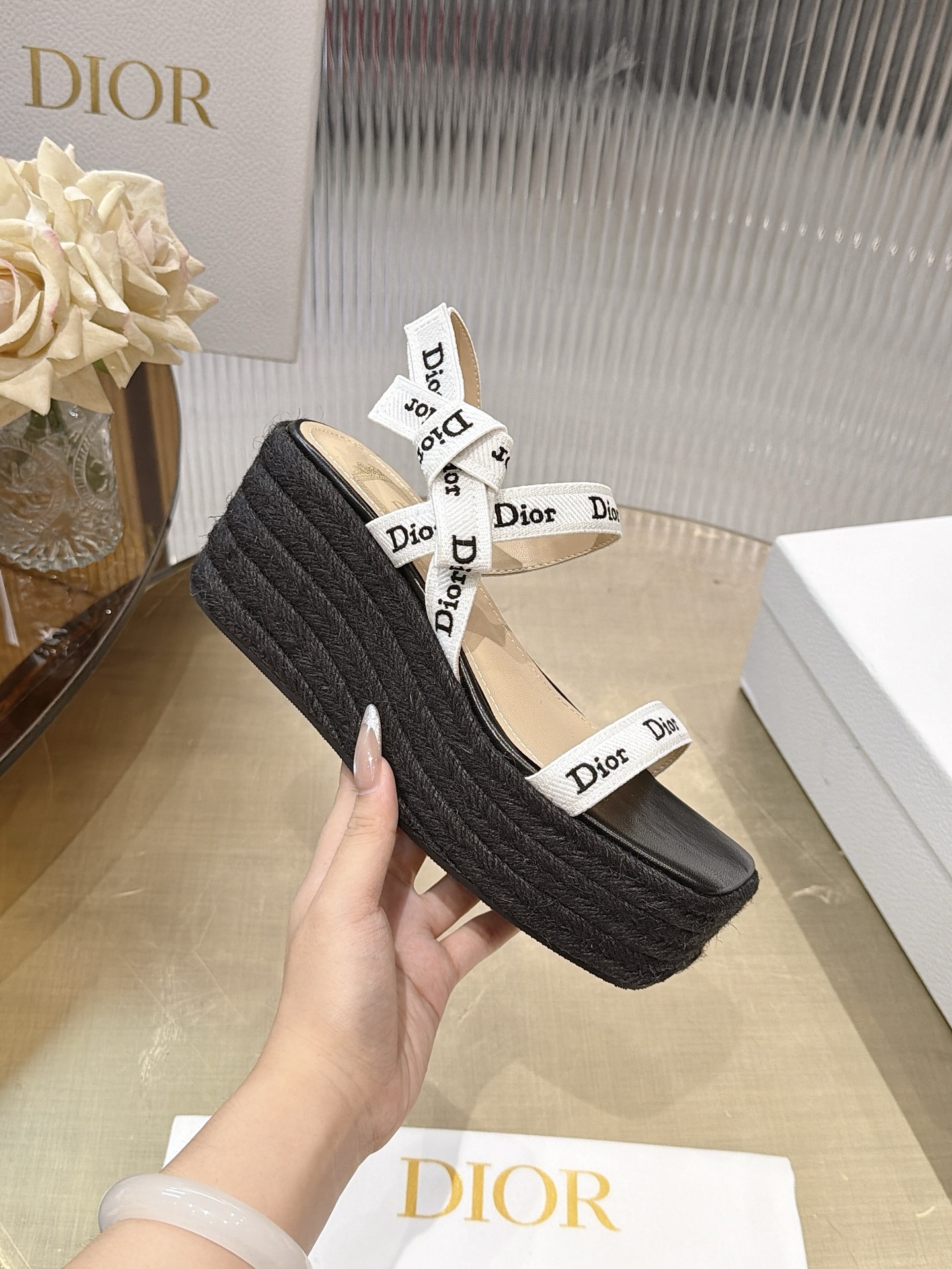 Dior Ribbon Bow Wedge Espadrille Sandals