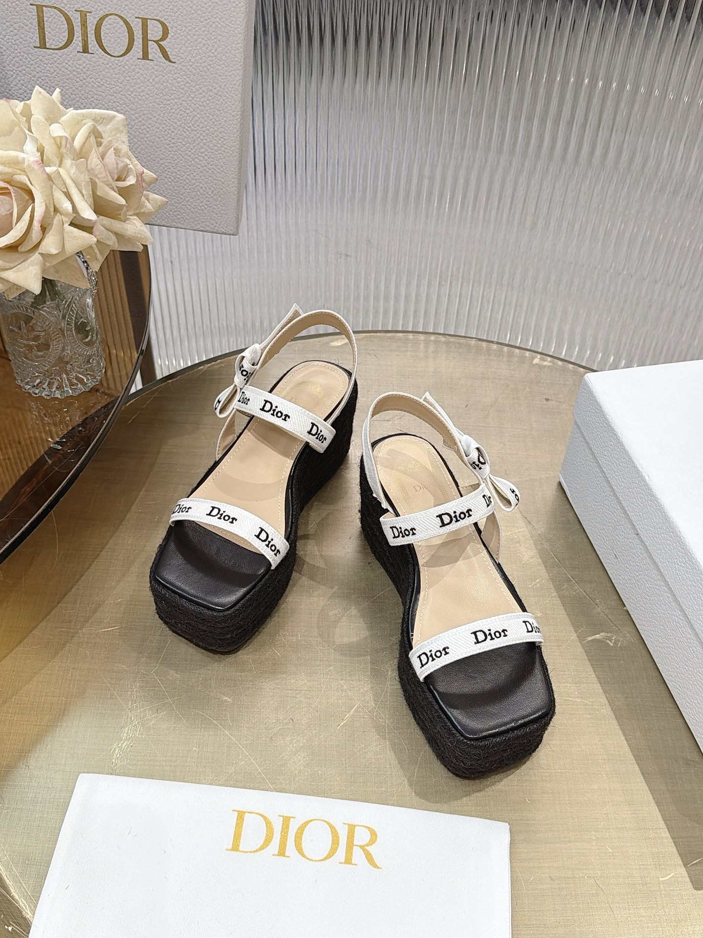 Dior Ribbon Bow Wedge Espadrille Sandals