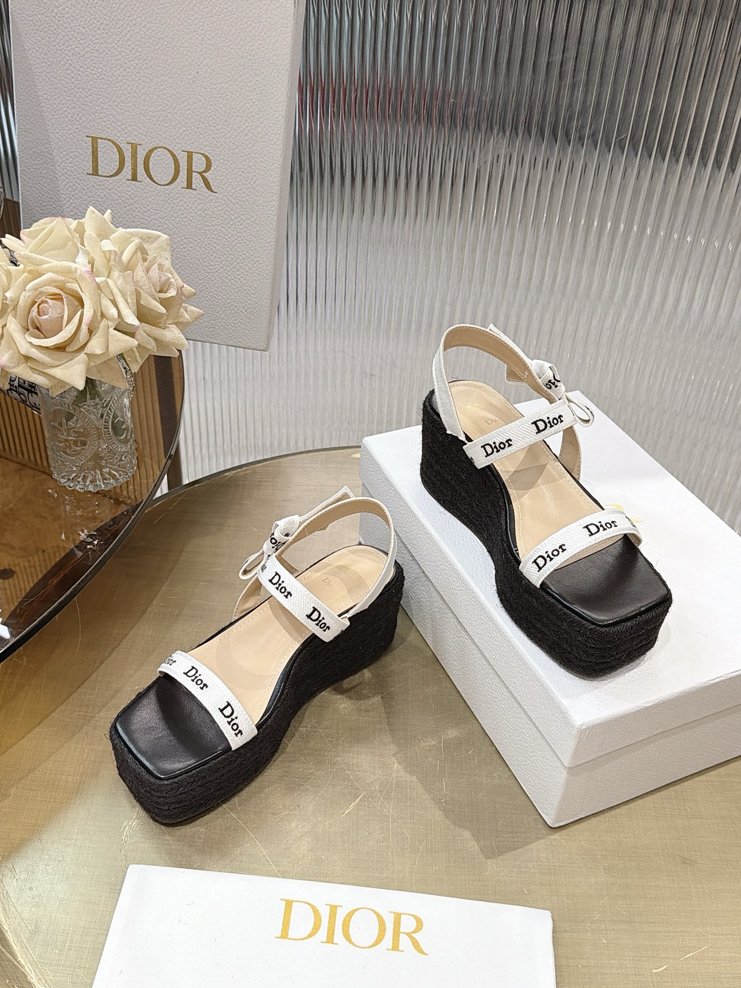 Dior Ribbon Bow Wedge Espadrille Sandals