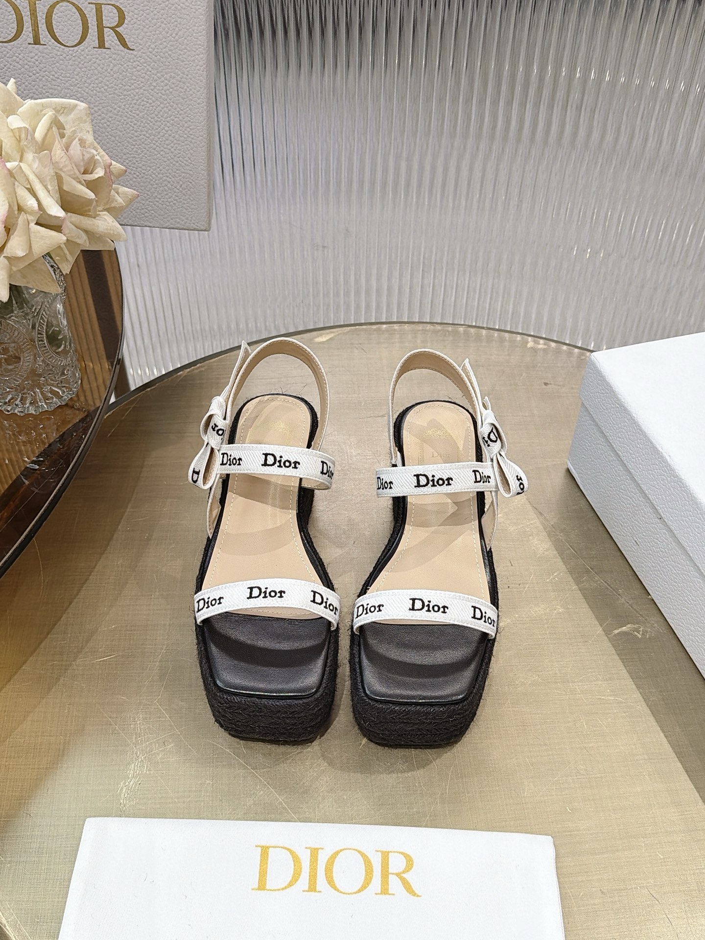 Dior Ribbon Bow Wedge Espadrille Sandals