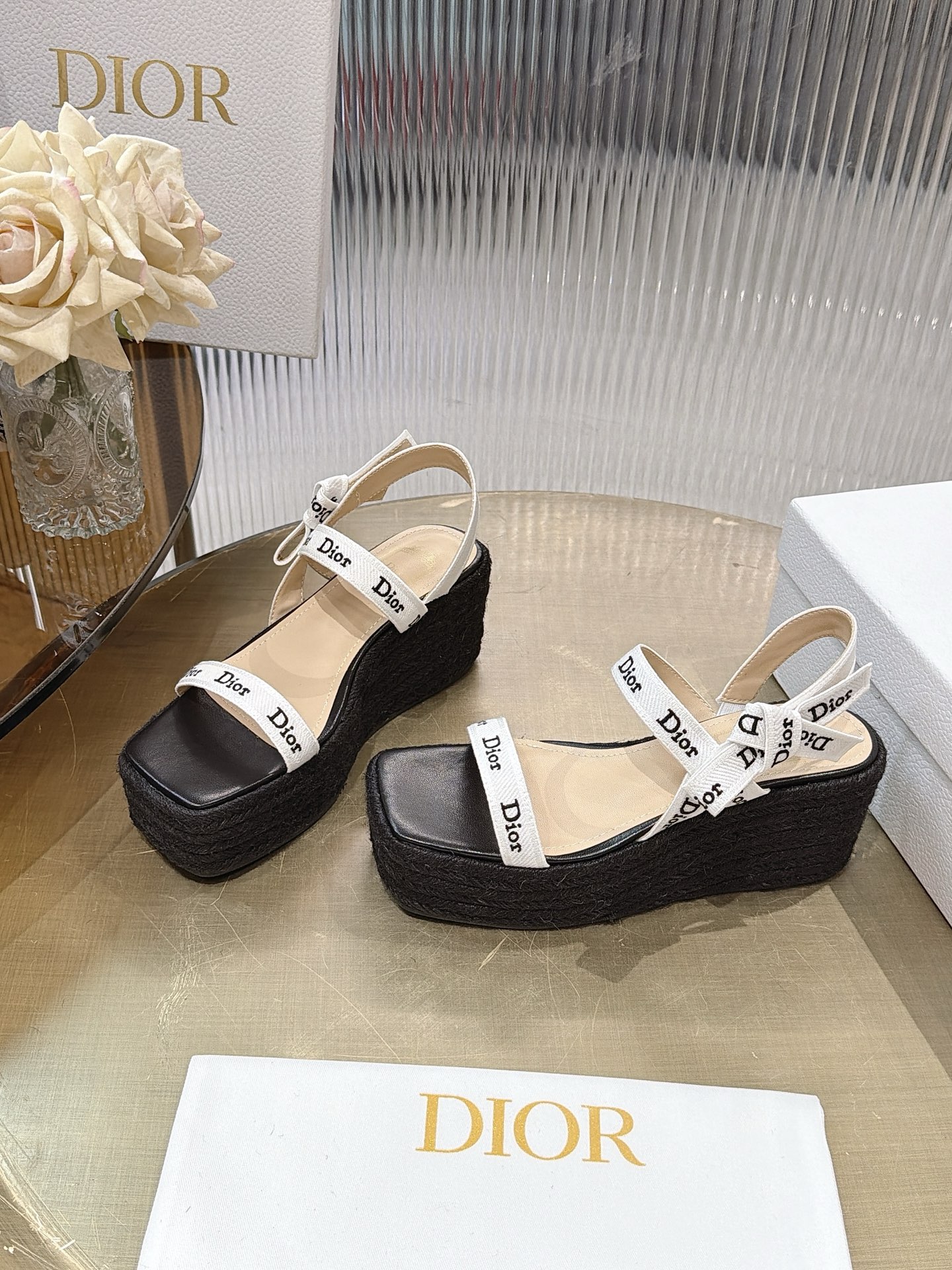 Dior Ribbon Bow Wedge Espadrille Sandals