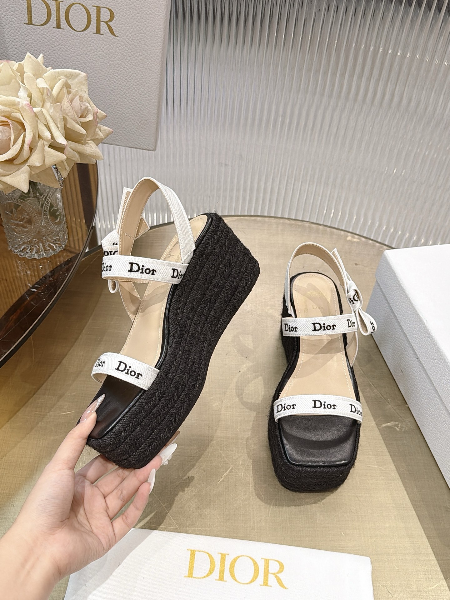 Dior Ribbon Bow Wedge Espadrille Sandals