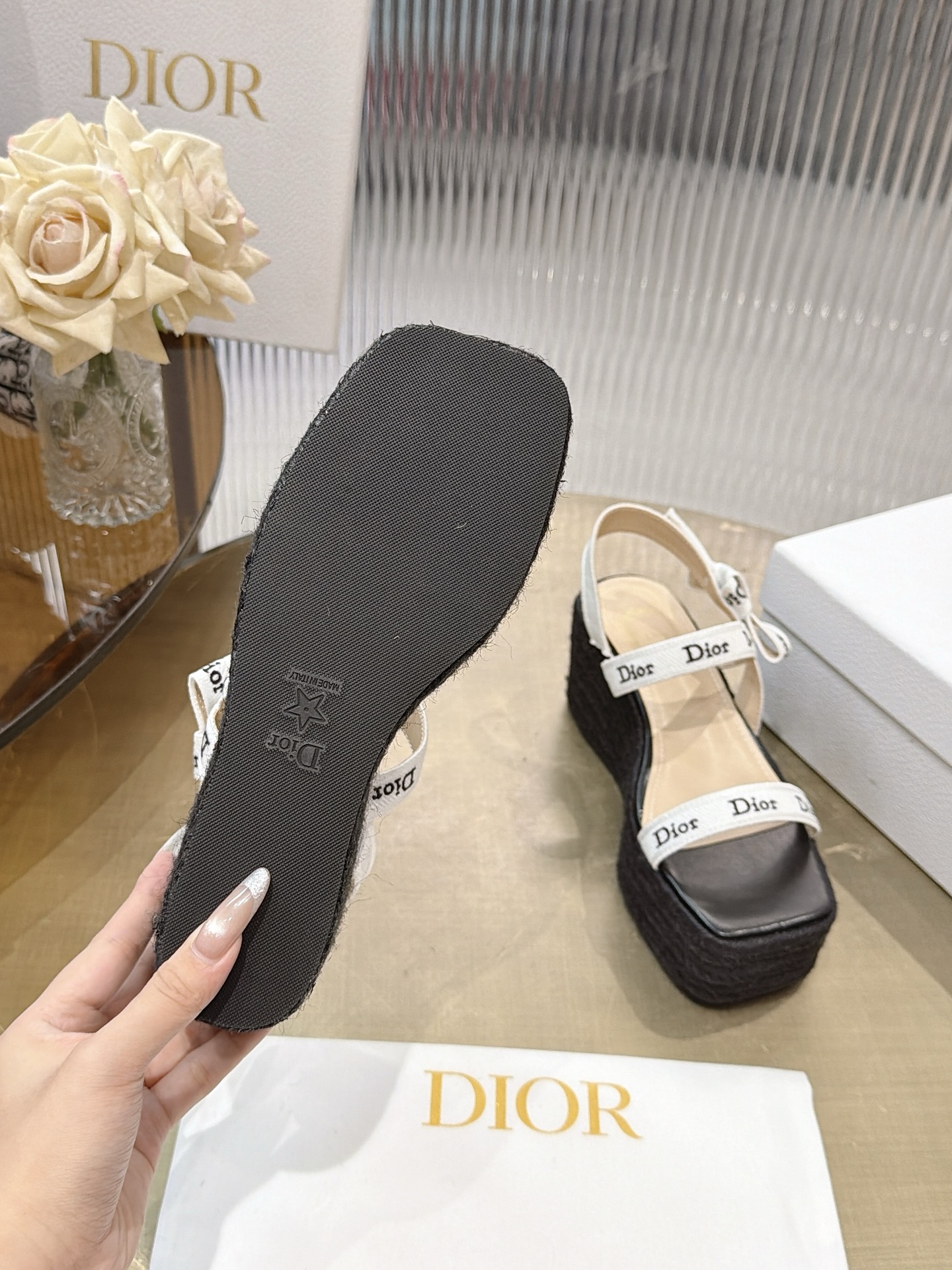 Dior Ribbon Bow Wedge Espadrille Sandals