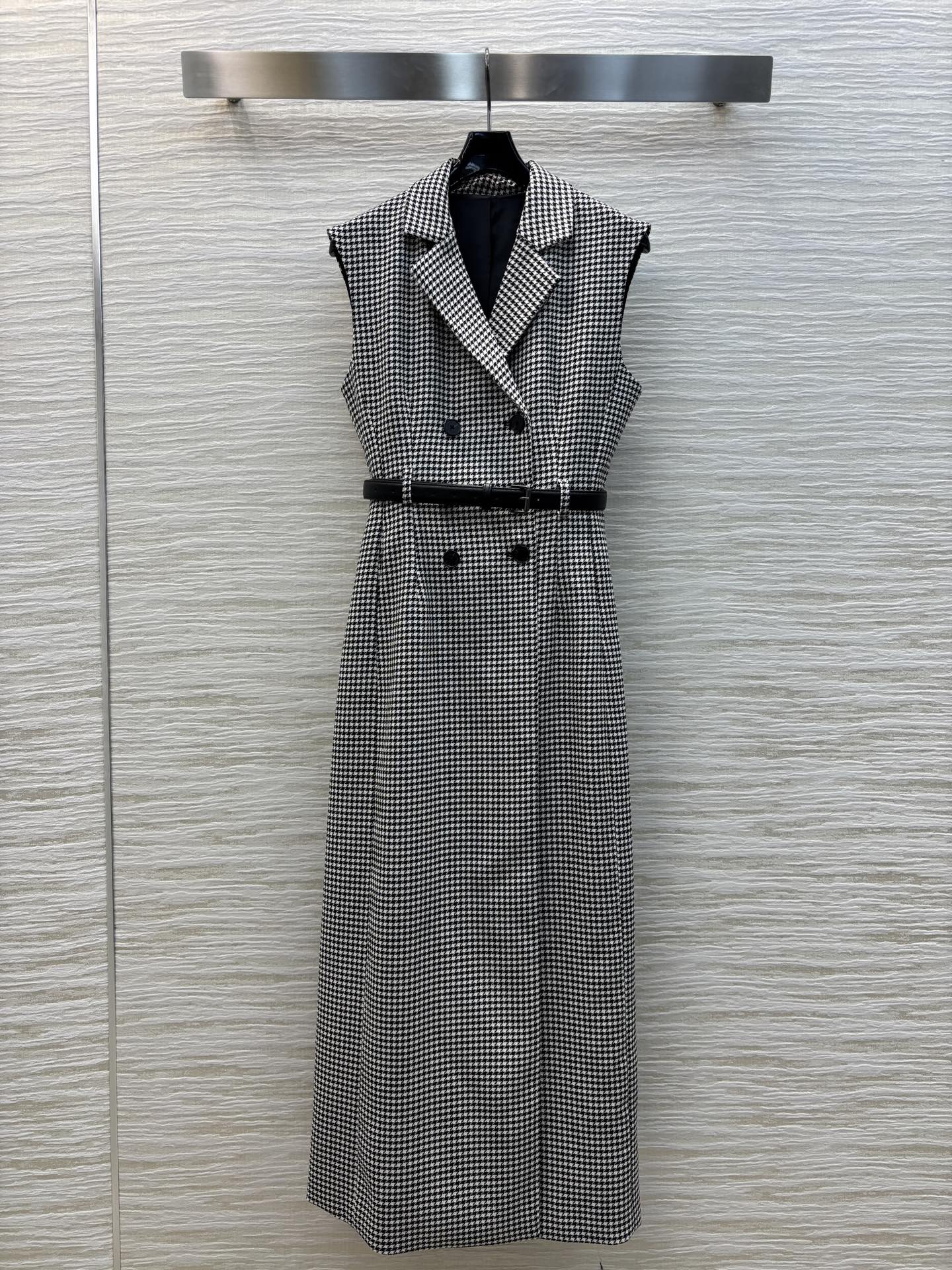 Houndstooth Sleeveless Blazer Dress, Double-Breasted Waist Belt Midi Dress 2 i1740926493822 5464 0 0