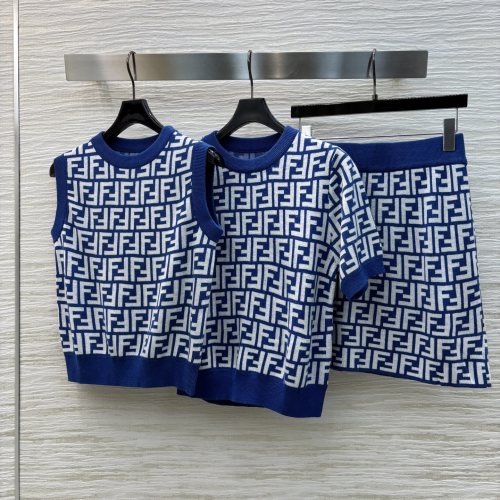Fendi Women's Blue Double F Logo Knit Top, Vest, and A-Line Skirt Set 1 Fendi Women's Blue Double F Logo Knit Top, Vest, and A-Line Skirt Set