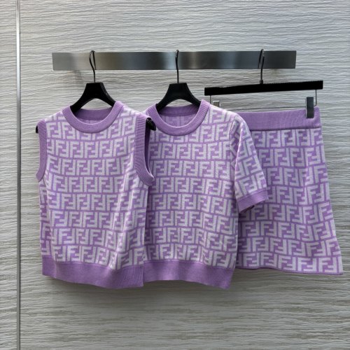 Fendi Women's Lilac Knitted Set - Sleeveless Top, Short Sleeve Top, Mini Skirt