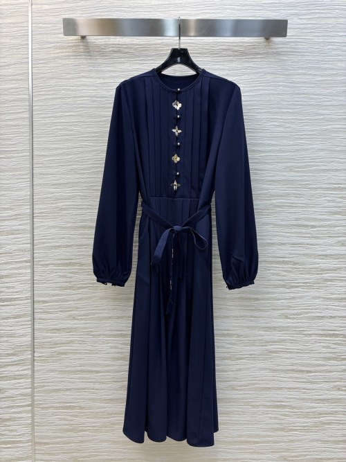 Louis Vuitton Women's Navy Blue Pleated Midi Dress with Logo Hardware