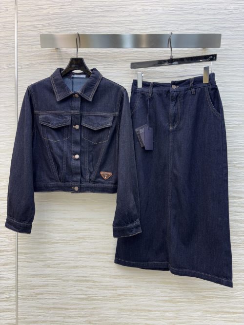 Prada Denim Jacket & A-Line Skirt Set, Triangle Logo, Cool Casual Style 1 Prada Denim Jacket & A-Line Skirt Set, Triangle Logo, Cool Casual Style
