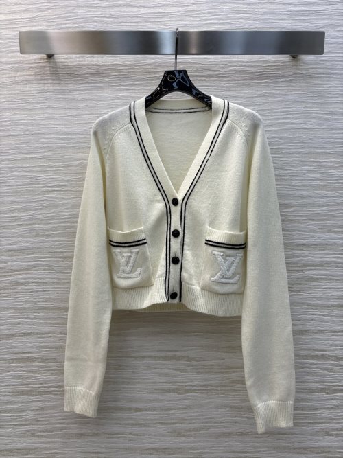 Louis Vuitton Women's White V-Neck Knit Cardigan with Logo Pockets 1 Louis Vuitton Women’s White V-Neck Knit Cardigan with Logo Pockets