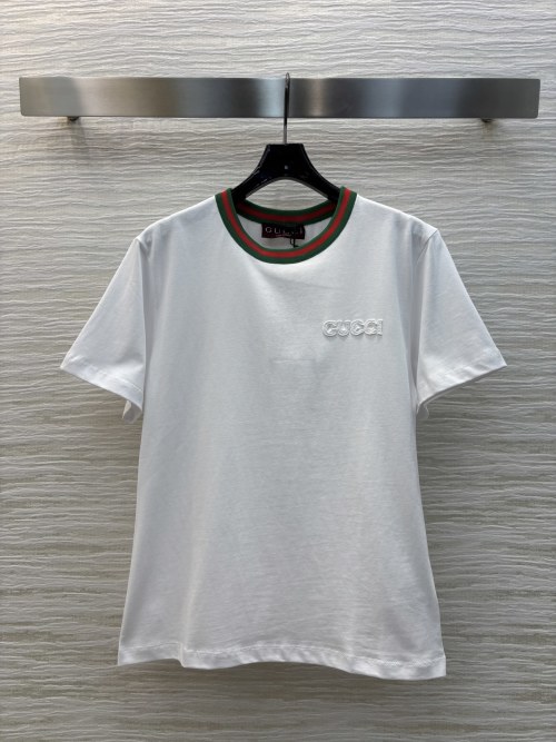 Gucci White Cotton T-Shirt with Red & Green Web Trim, Embroidered Logo 1 Gucci White Cotton T-Shirt with Red & Green Web Trim, Embroidered Logo