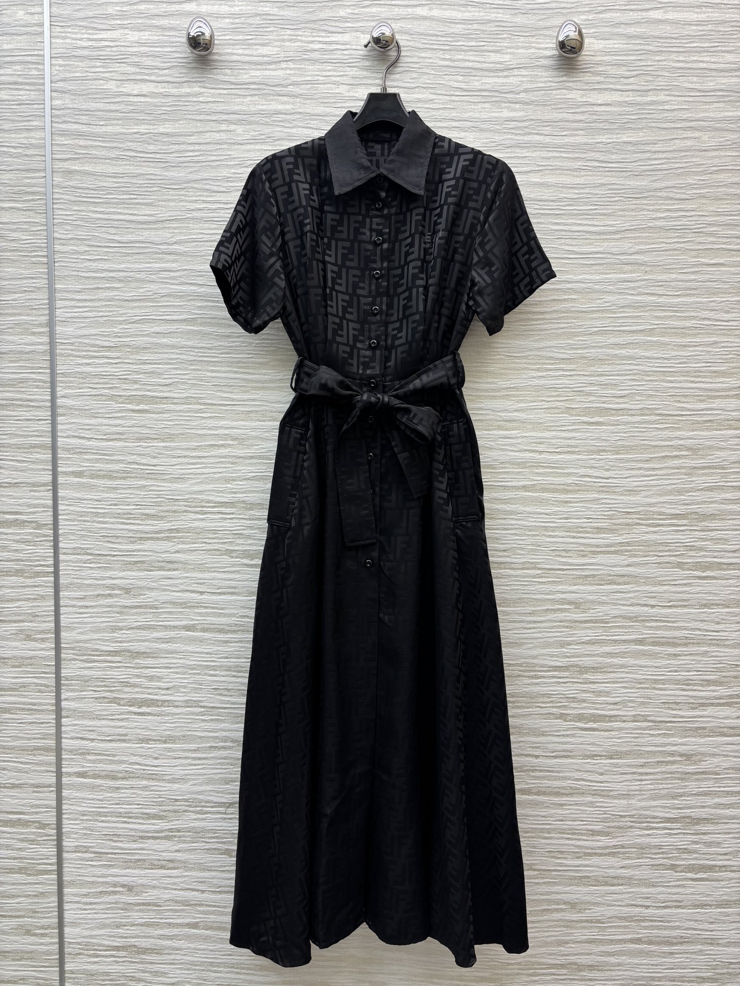 Fendi Letter Print Midi Dress, Short Sleeve Lapel Button Waist Tie A-Line Skirt