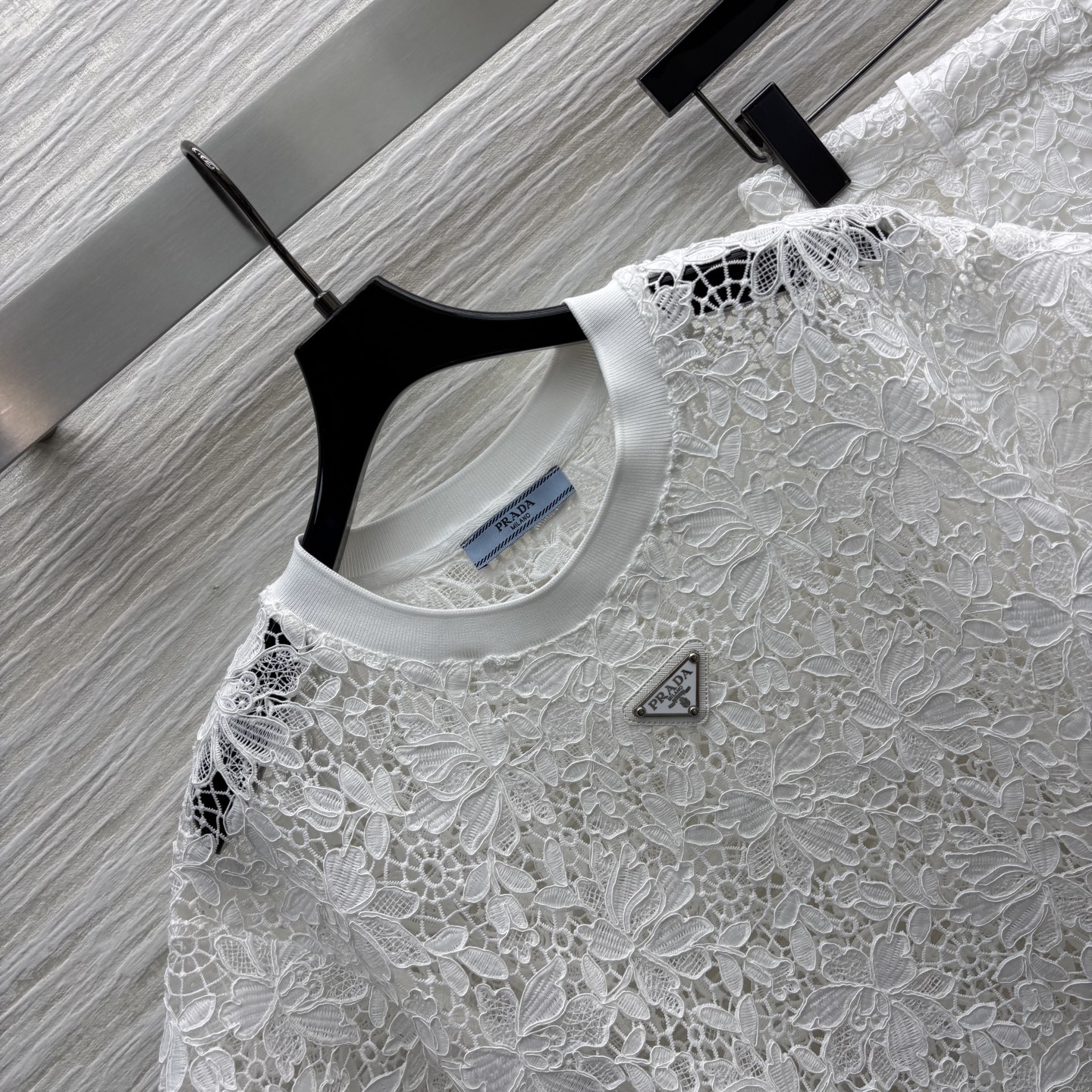 Prada White Lace Set, Round Neck T-Shirt and Shorts, Elegant Embroidered Design 4 i1746964702419 5460 0 4
