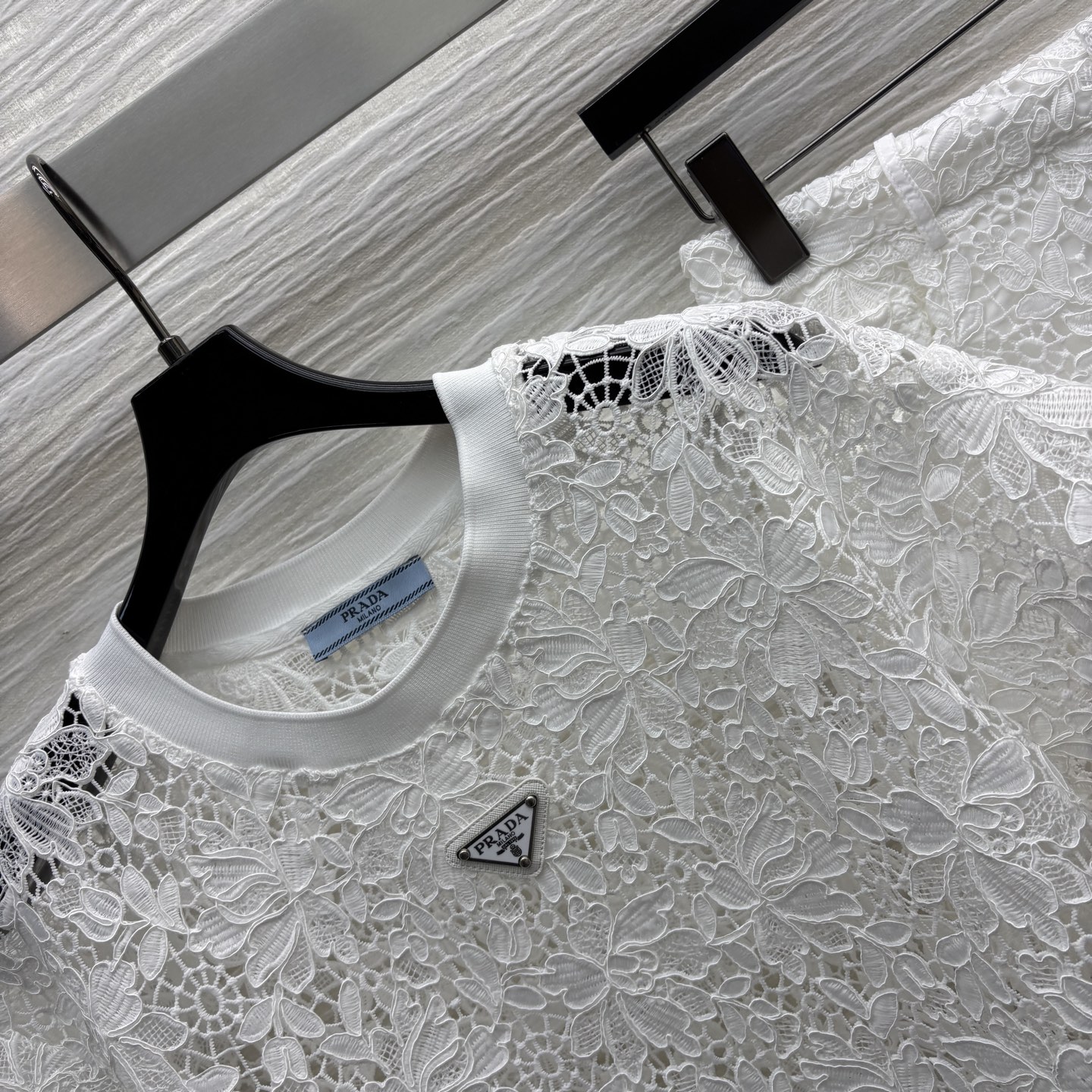 Prada White Lace Set, Round Neck T-Shirt and Shorts, Elegant Embroidered Design 2 i1746964702429 890 0 1