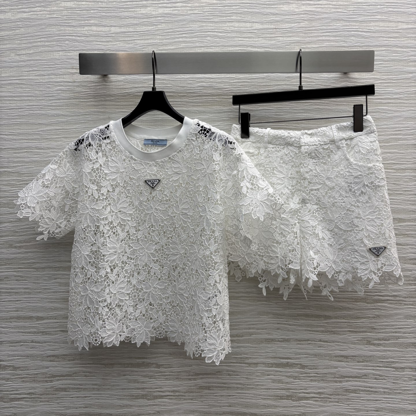 Prada White Lace Set, Round Neck T-Shirt and Shorts, Elegant Embroidered Design 1 i1746964702507 9359 0 0