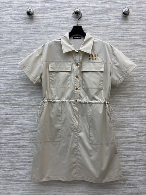 Miu Miu Women's Utility Shirt Dress - Half Button, Drawstring Waist, Chic 1 Miu Miu Women's Utility Shirt Dress - Half Button, Drawstring Waist, Chic