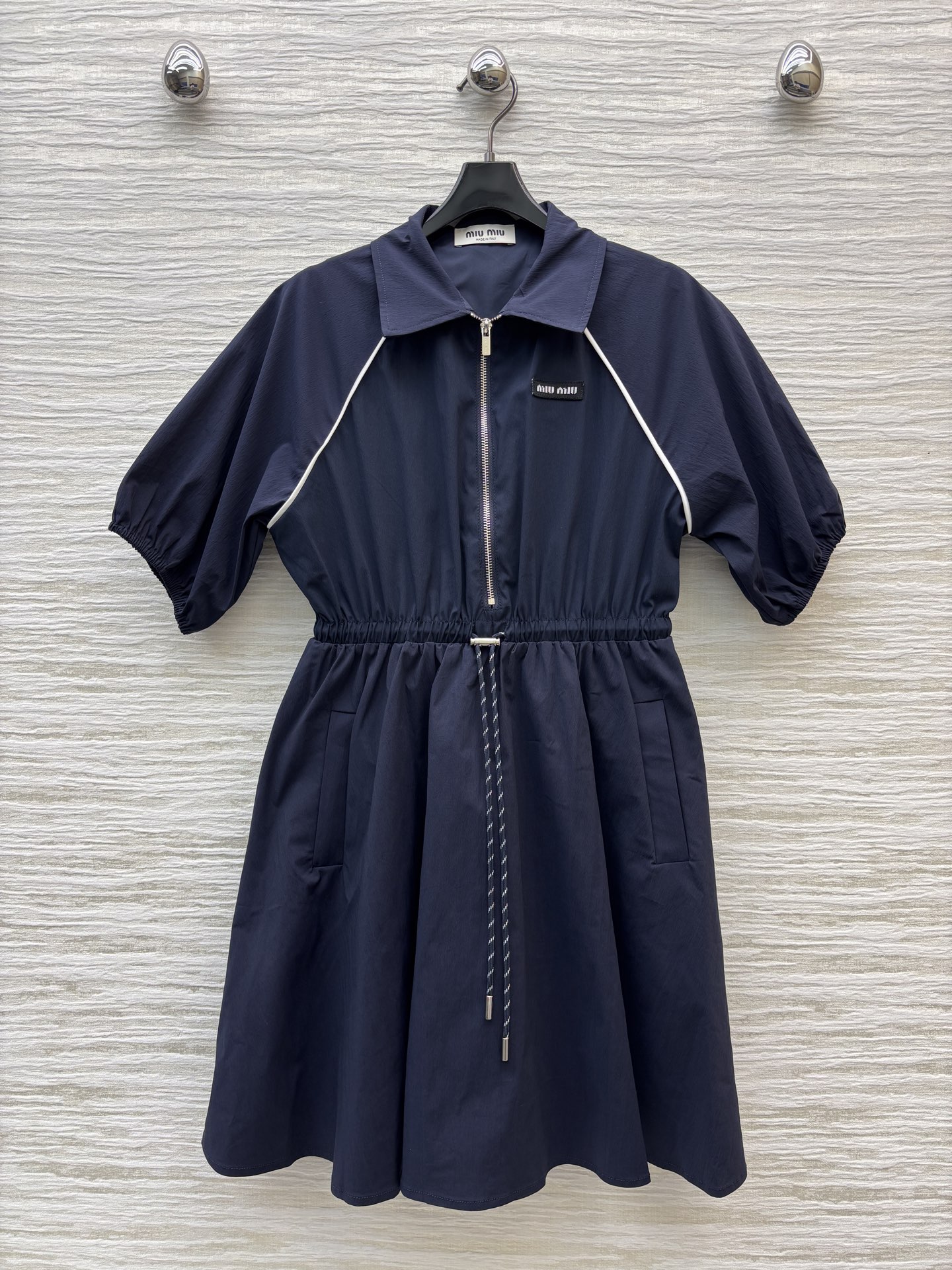 Miu Miu Half Zip Lapel Dress, Drawstring Waist, Stylish and Age-Reducing