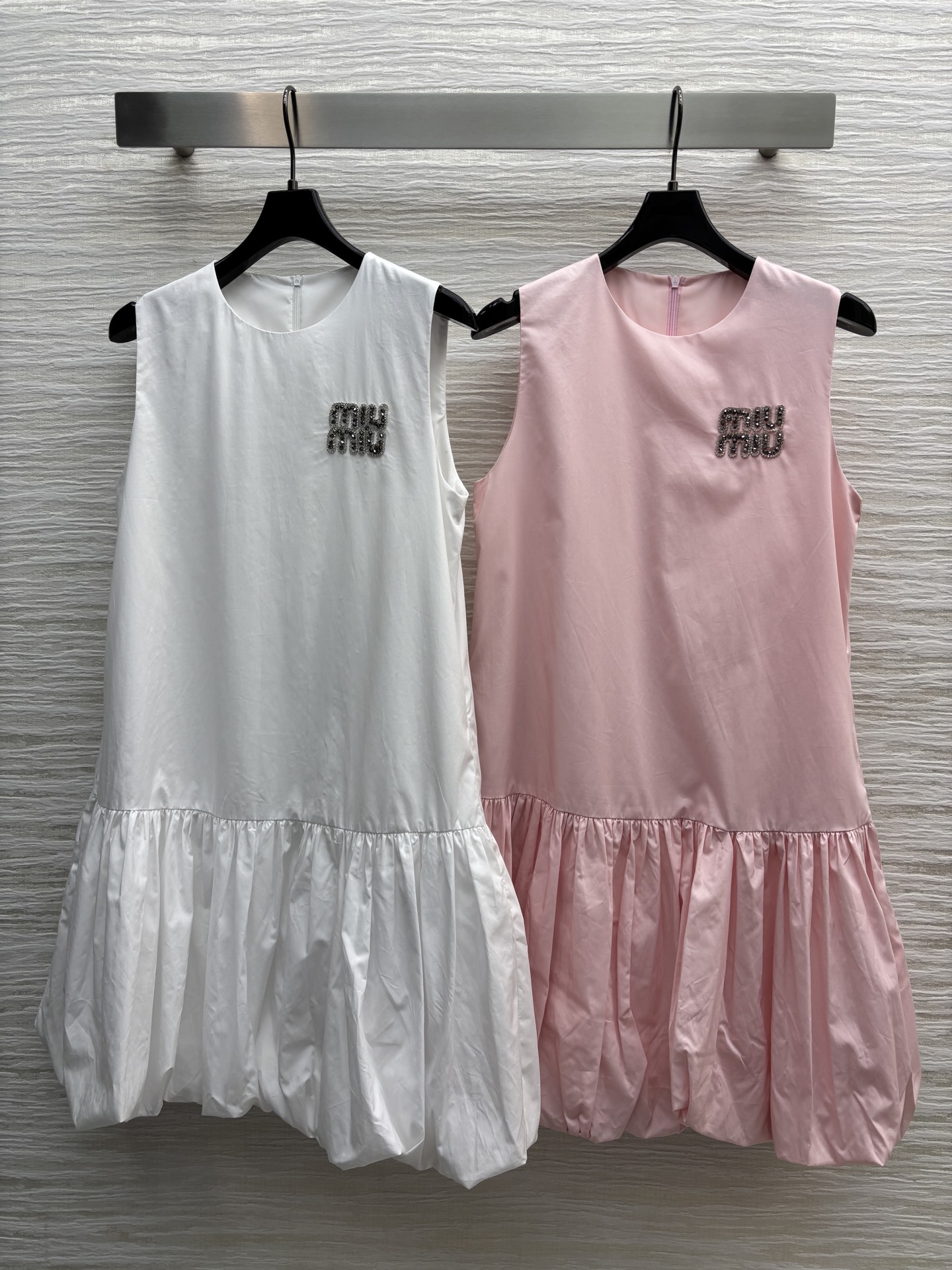Miu Miu Sleeveless A-Line Dress with Rhinestone Logo and Bubble Hem