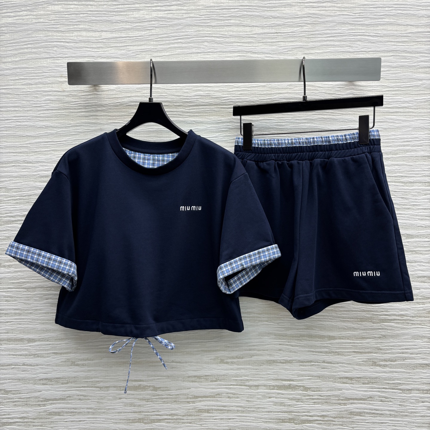 Miu Miu Plaid Patchwork Lounge Set: Short Sleeve Top & Shorts - Chic & Youthful 2 i1747732419311 273 0 0