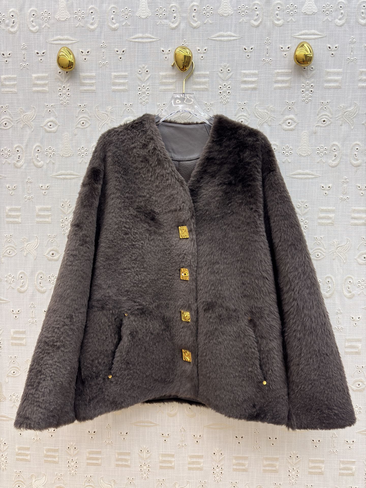 V-Neck Faux Fur & Leather Jacket with Unique Button Closure