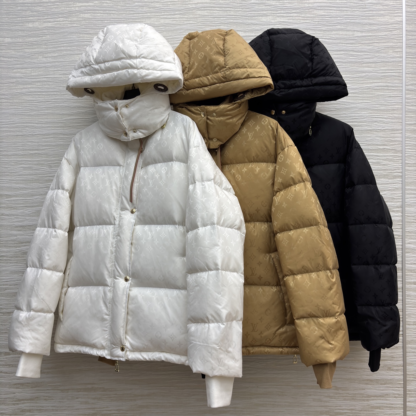 L Logo Jacquard Padded Puffer Jacket Removable Hood Winter Warm Coat