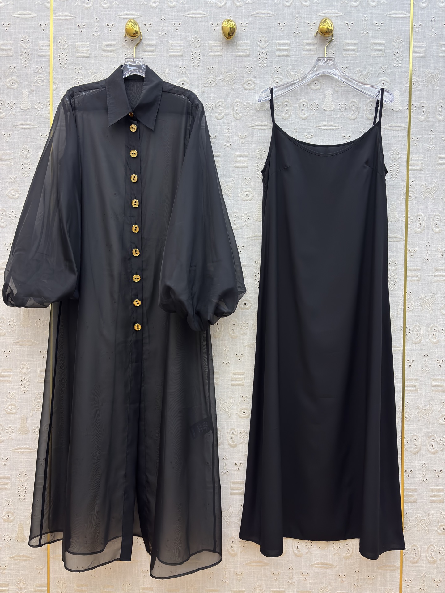 Two-Piece See-Through Black Gauze Shirt Dress with Lantern Sleeves and Gold Buckle